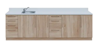 KUCH - CV280 cvičná kuchyňka, vybavení - dřez + baterie, 870x2800x600 mm, dub bardolino + deska bílá perlička