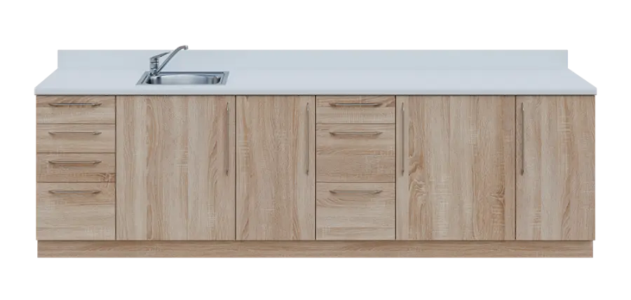 KUCH - CV280 cvičná kuchyňka, vybavení - dřez + baterie, 870x2800x600 mm, dub bardolino + deska bílá perlička