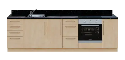KUCH - CV280 cvičná kuchyňka, vybavení - dřez + baterie + trouba + varná deska, 870x2800x600 mm, bříza irská + deska černá andromeda