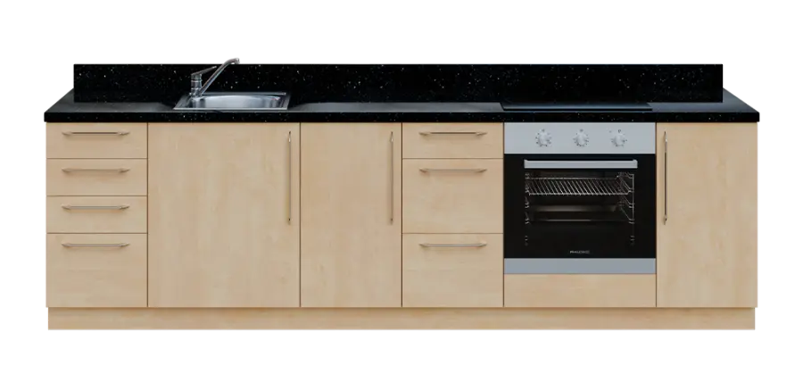 KUCH - CV280 cvičná kuchyňka, vybavení - dřez + baterie + trouba + varná deska, 870x2800x600 mm, bříza irská + deska černá andromeda