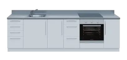 KUCH - CV280 cvičná kuchyňka, vybavení - dřez + baterie + trouba + varná deska, 870x2800x600 mm, bílá + deska titan