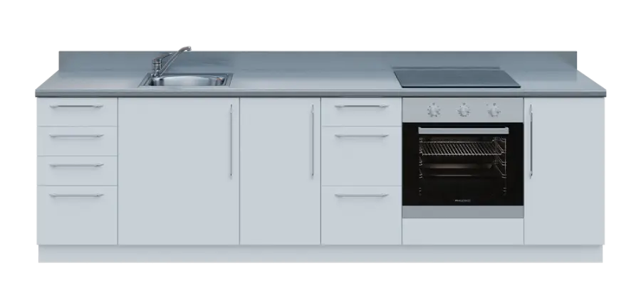 KUCH - CV280 cvičná kuchyňka, vybavení - dřez + baterie + trouba + varná deska, 870x2800x600 mm, bílá + deska titan