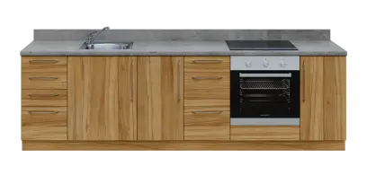 KUCH - CV280 cvičná kuchyňka, vybavení - dřez + baterie + trouba + varná deska, 870x2800x600 mm, ořech světlý + deska beton šedý
