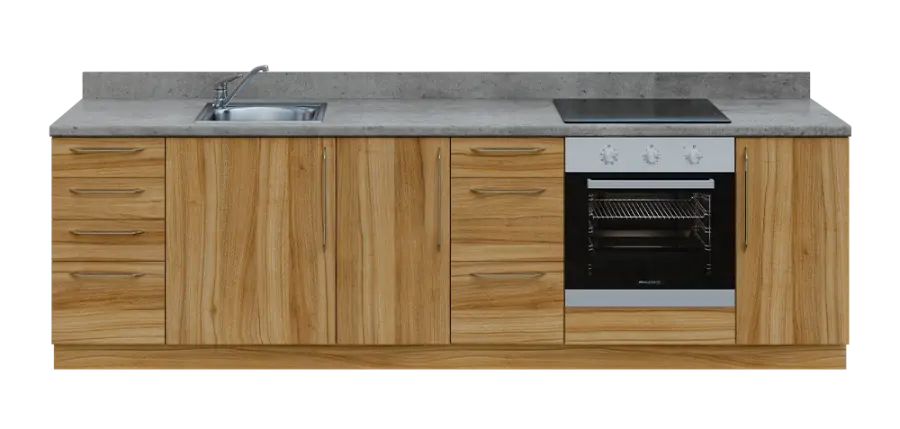 KUCH - CV280 cvičná kuchyňka, vybavení - dřez + baterie + trouba + varná deska, 870x2800x600 mm, ořech světlý + deska beton šedý