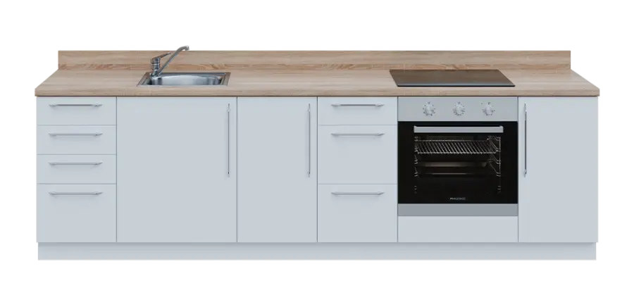 KUCH - CV280 cvičná kuchyňka, vybavení - dřez + baterie + trouba + varná deska, 870x2800x600 mm, bílá + deska dub bardolino