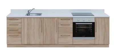 KUCH - CV280 cvičná kuchyňka, vybavení - dřez + baterie + trouba + varná deska, 870x2800x600 mm, dub bardolino + deska bílá perlička