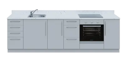 KUCH - CV280 cvičná kuchyňka, vybavení - dřez + baterie + trouba + varná deska, 870x2800x600 mm, šedá + deska bílá Andromeda