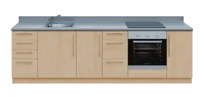 KUCH - CV280 cvičná kuchyňka, vybavení - dřez + baterie + trouba + varná deska, 870x2800x600 mm, javor horský + deska titan
