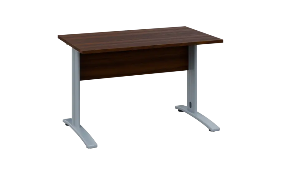 OPK 27 - 12 stůl kancelářský, kovová podnož stříbrná, deska 25 mm, široký 1200 mm, ořech královský