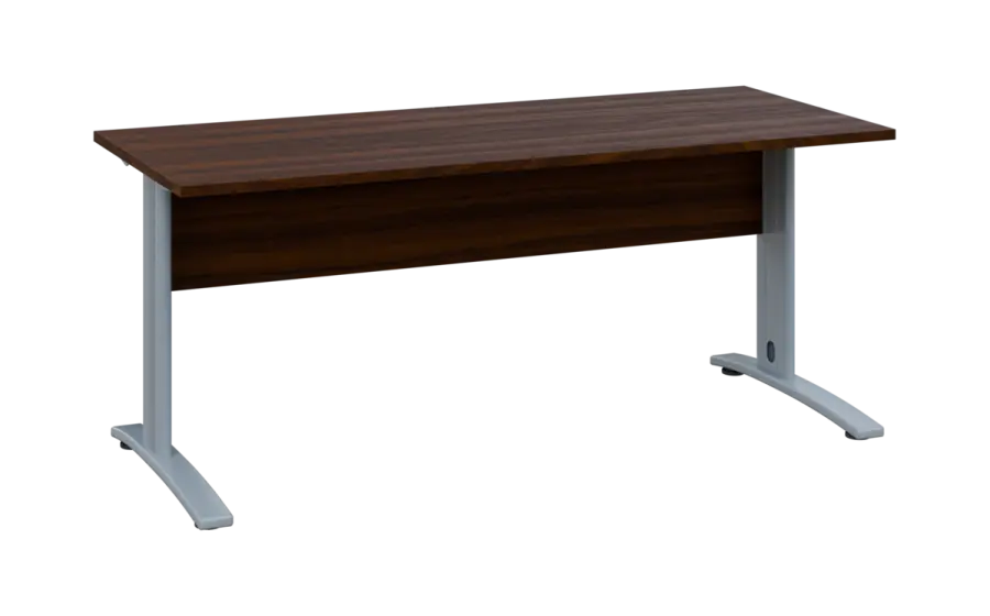 OPK 27 - 18 stůl kancelářský, kovová podnož stříbrná, deska 25 mm, široký 1800 mm, ořech královský