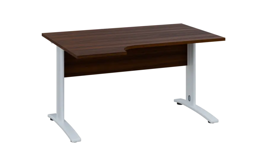 ORK 28 - 144 stůl kancelářský, rohový, levý, kovová podnož bílá, deska 25 mm, široký 1400 mm, ořech královský