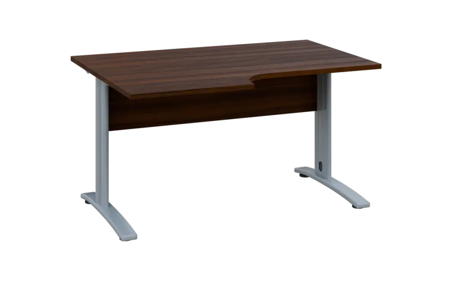 ORK 28 - 146 stůl kancelářský, rohový, levý, kovová podnož stříbrná, deska 25 mm, široký 1400 mm, ořech královský