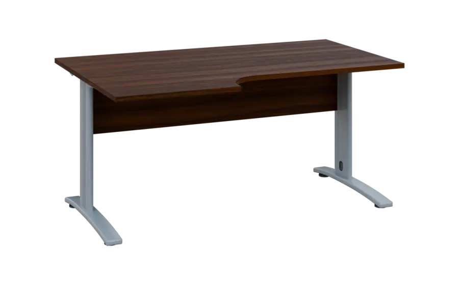 ORK 28 - 166 stůl kancelářský, rohový, levý, kovová podnož stříbrná, deska 25 mm, široký 1600 mm, ořech královský