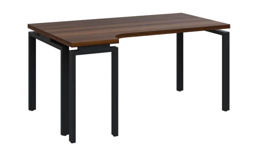 SIRK 38 - 164 stůl kancelářský, rohový, levý, kovová podnož černá, deska 36 mm, široký 1600 mm, ořech královský