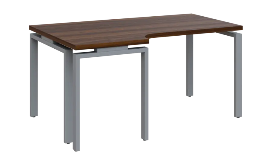 SIRK 38 - 166 stůl kancelářský, rohový, levý, kovová podnož stříbrná, deska 36 mm, široký 1600 mm, ořech královský