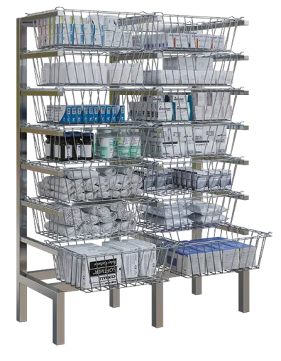 WIREBOX 14 stacionární regál s drátěnými koši, 1580x1180x475 mm, nerez