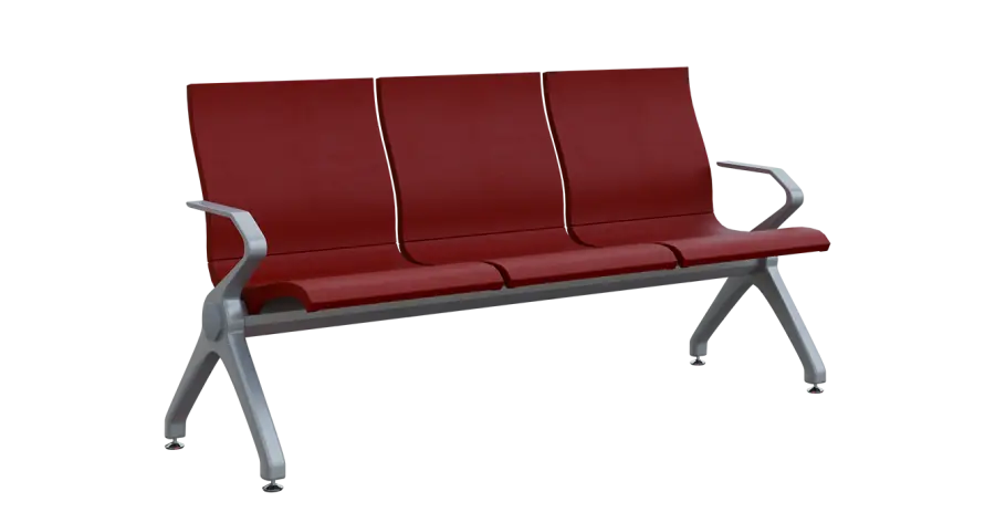 FLOWER - 3, polyuretanová lavice do čekárny, 3-sedák, vínová, kostra stříbrná
