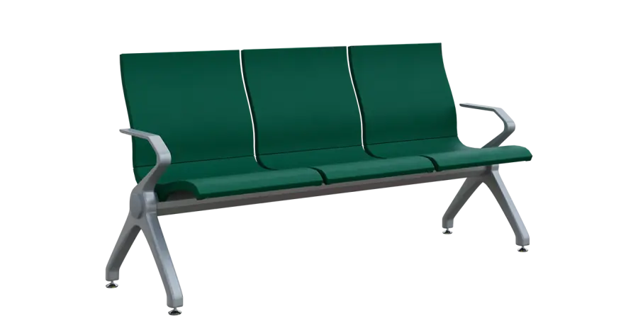 FLOWER - 3, polyuretanová lavice do čekárny, 3-sedák, tmavě zelená, kostra stříbrná