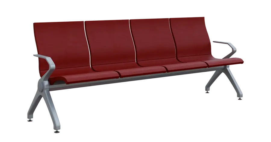 FLOWER - 4, polyuretanová lavice do čekárny, 4-sedák, vínová, kostra stříbrná