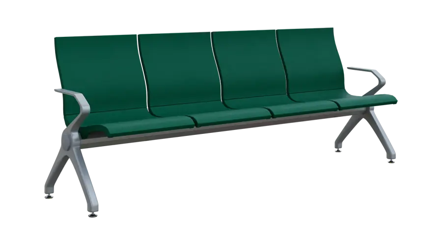 FLOWER - 4, polyuretanová lavice do čekárny, 4-sedák, tmavě zelená, kostra stříbrná