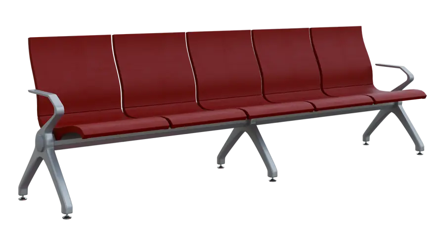 FLOWER - 5, polyuretanová lavice do čekárny, 5-sedák, vínová, kostra stříbrná