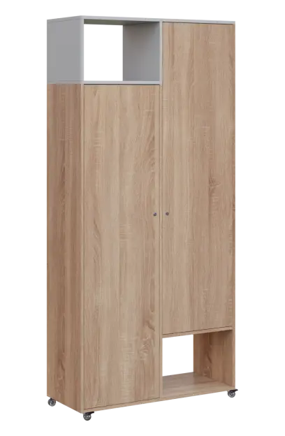 AERO 62 L skříň šatní 2-dveřová/2 niky, výsuvné ramínko, levá, 2150x1000x400, kolečka, šedá/dub bard