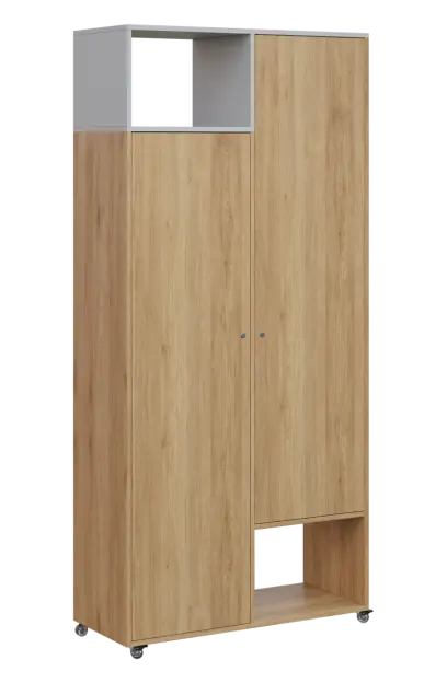 AERO 62 L skříň šatní 2-dveřová/2 niky, výsuvné ramínko, levá, 2150x1000x400, kolečka, šedá/dub fjor