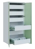 LE TBD - 802 skříň lékařská zásuvková, 2-dveřová, 6 zásuvek, korpus bílý, dvířka šedo-zelinkavá