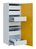 LE TBD - 602 skříň lékařská zásuvková, 2-dveřová, pravá, 6 zásuvek, korpus bílý, dvířka žlutá odio