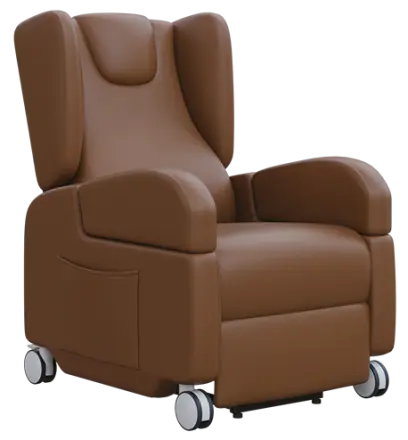 PRIMACARE MOBIL, mobilní relaxační křeslo, elektricky polohovatelné, velká kolečka, koženka hnědá