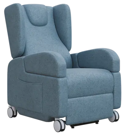 PRIMACARE MOBIL, mobilní relaxační křeslo, elektricky polohovatelné, velká kolečka, látka modrá