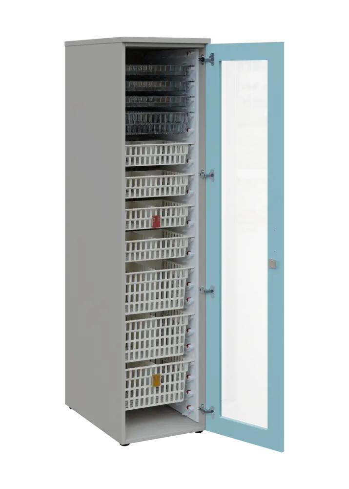 EUROMEDICA S - 46 skříň léková boxová, 1-dveřová/prosklená, pravá, 1950x460x735, korpus šedý, dvířka obloha