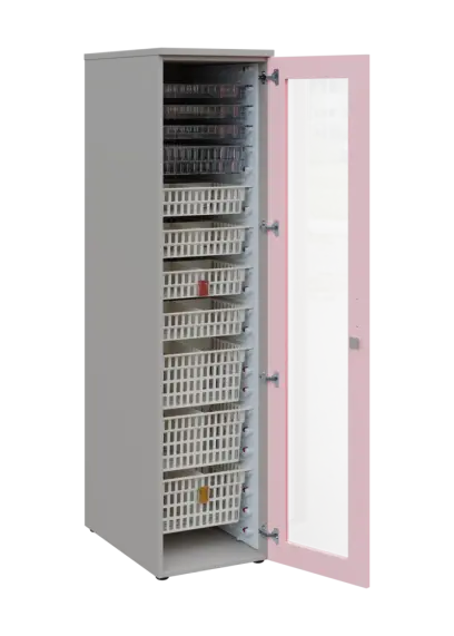EUROMEDICA S - 46 skříň léková boxová, 1-dveřová/prosklená, pravá, 1950x460x735, korpus šedý, dvířka pastelově růžová