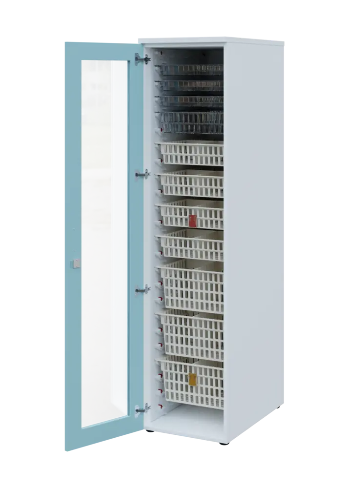 EUROMEDICA S - 46 skříň léková boxová, 1-dveřová/prosklená, levá, 1950x460x735, korpus bílý, dvířka obloha