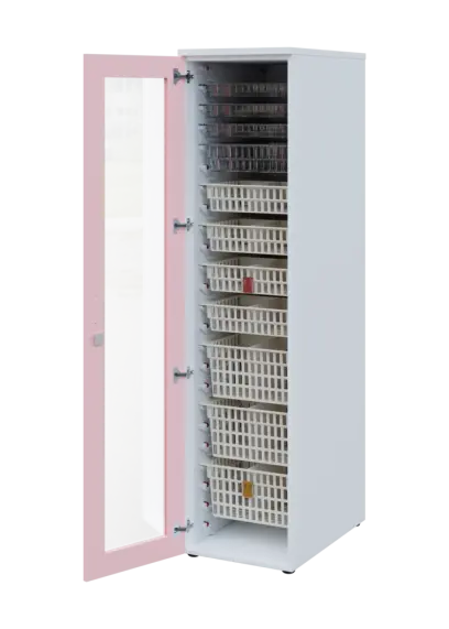 EUROMEDICA S - 46 skříň léková boxová, 1-dveřová/prosklená, levá, 1950x460x735, korpus bílý, dvířka pastelově růžová