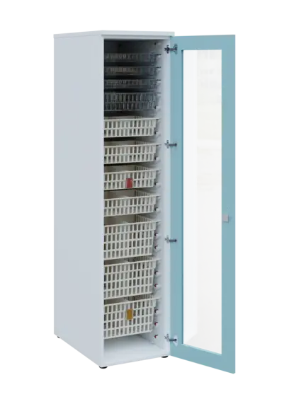 EUROMEDICA S - 46 skříň léková boxová, 1-dveřová/prosklená, pravá, 1950x460x735, korpus bílý, dvířka obloha