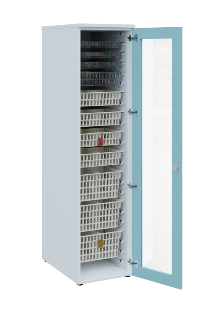 EUROMEDICA S - 46 skříň léková boxová, 1-dveřová/prosklená, pravá, 1950x460x735, korpus bílý, dvířka obloha