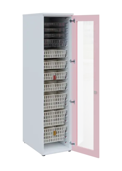 EUROMEDICA S - 46 skříň léková boxová, 1-dveřová/prosklená, pravá, 1950x460x735, korpus bílý, dvířka pastelově růžová