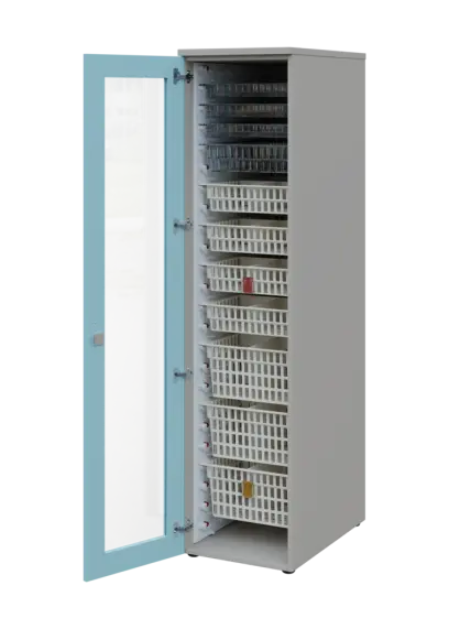 EUROMEDICA S - 46 skříň léková boxová, 1-dveřová/prosklená, levá, 1950x460x735, korpus šedý, dvířka obloha