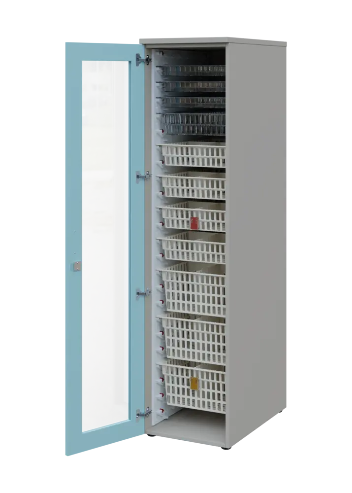 EUROMEDICA S - 46 skříň léková boxová, 1-dveřová/prosklená, levá, 1950x460x735, korpus šedý, dvířka obloha