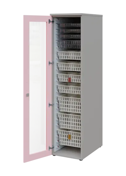 EUROMEDICA S - 46 skříň léková boxová, 1-dveřová/prosklená, levá, 1950x460x735, korpus šedý, dvířka pastelově růžová