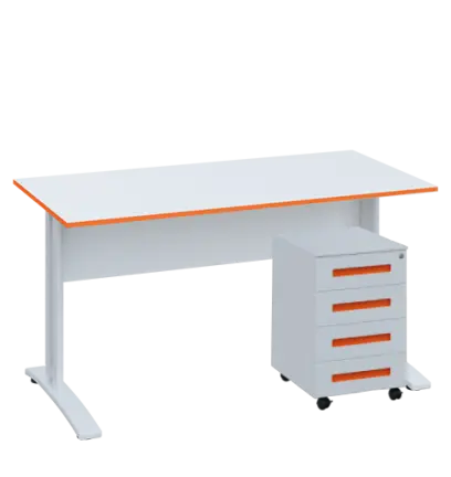 SET-K 547 stůl kancelářský, kovová podnož bílá + kontejner pojízdný, 4-zásuvkový, deska bílá, hrana mandarinka