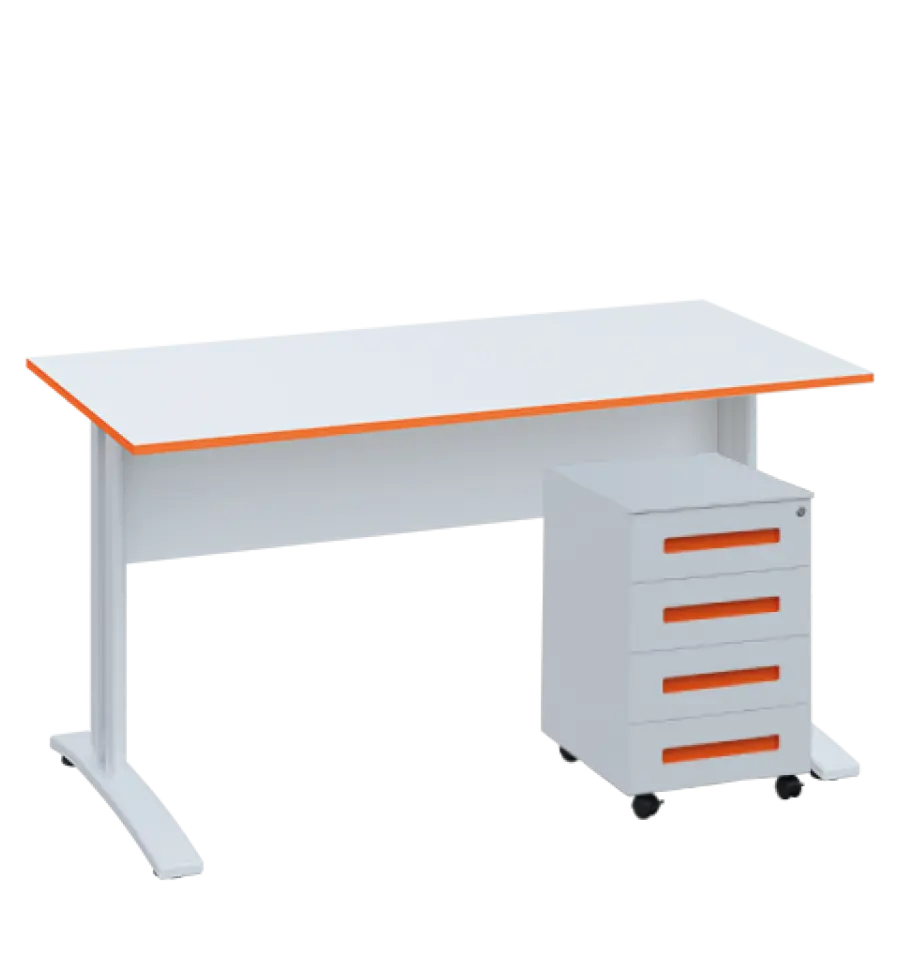 SET-K 547 stůl kancelářský, kovová podnož bílá + kontejner pojízdný, 4-zásuvkový, deska bílá, hrana mandarinka