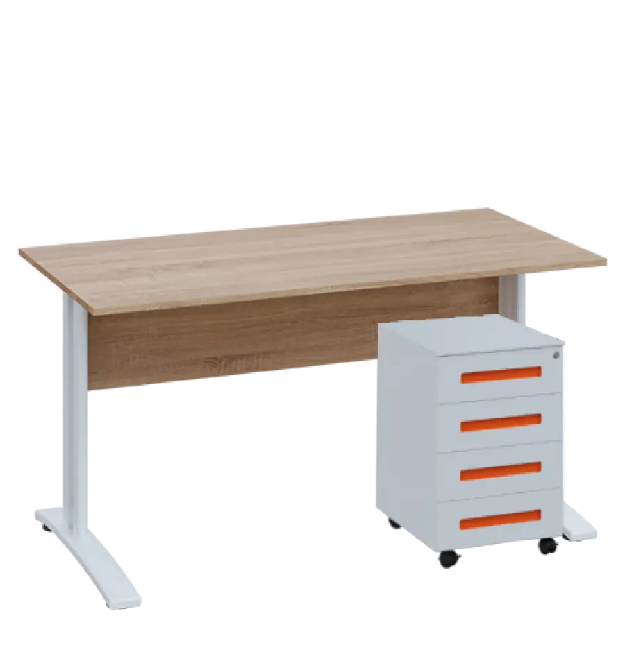 SET-K 547 stůl kancelářský, kovová podnož bílá + kontejner pojízdný, 4-zásuvkový, dub bardolino
