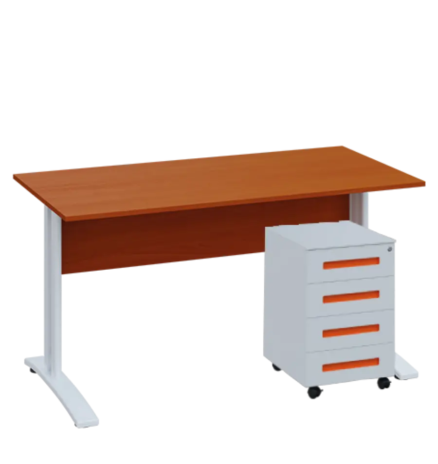 SET-K 547 stůl kancelářský, kovová podnož bílá + kontejner pojízdný, 4-zásuvkový, třešeň šumavská