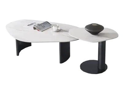 TANDEM, set 2 konferenčních stolků, deska mramor šedo - bílý mat, podnož kov černý mat