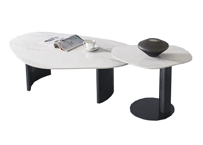 TANDEM, set 2 konferenčních stolků, deska mramor šedo - bílý mat, podnož kov černý mat