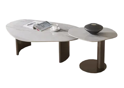 TANDEM, set 2 konferenčních stolků, deska mramor šedo - hnědý lesk, podnož kov černý mat