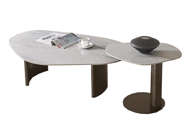 TANDEM, set 2 konferenčních stolků, deska mramor šedo - hnědý lesk, podnož kov černý mat