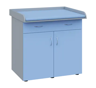 PP - 100 pult přebalovací s matrací, 2-dveřové, 1-zásuvka, 1000x1000x800, korpus šedý, dvířka pastelově modrá, koženka blankytně modrá N 15